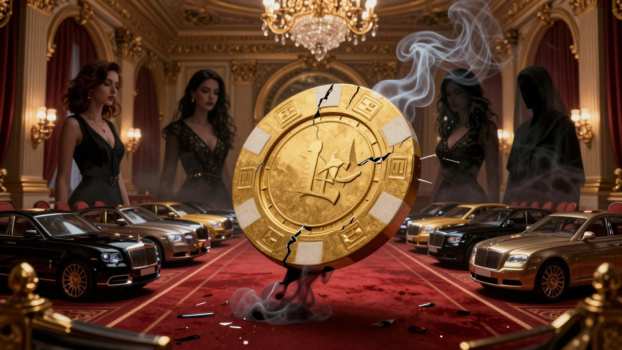 A cracked gold casino chip floats mid-air, emitting smoke that forms ghostly silhouettes of women amid luxury reflections.
