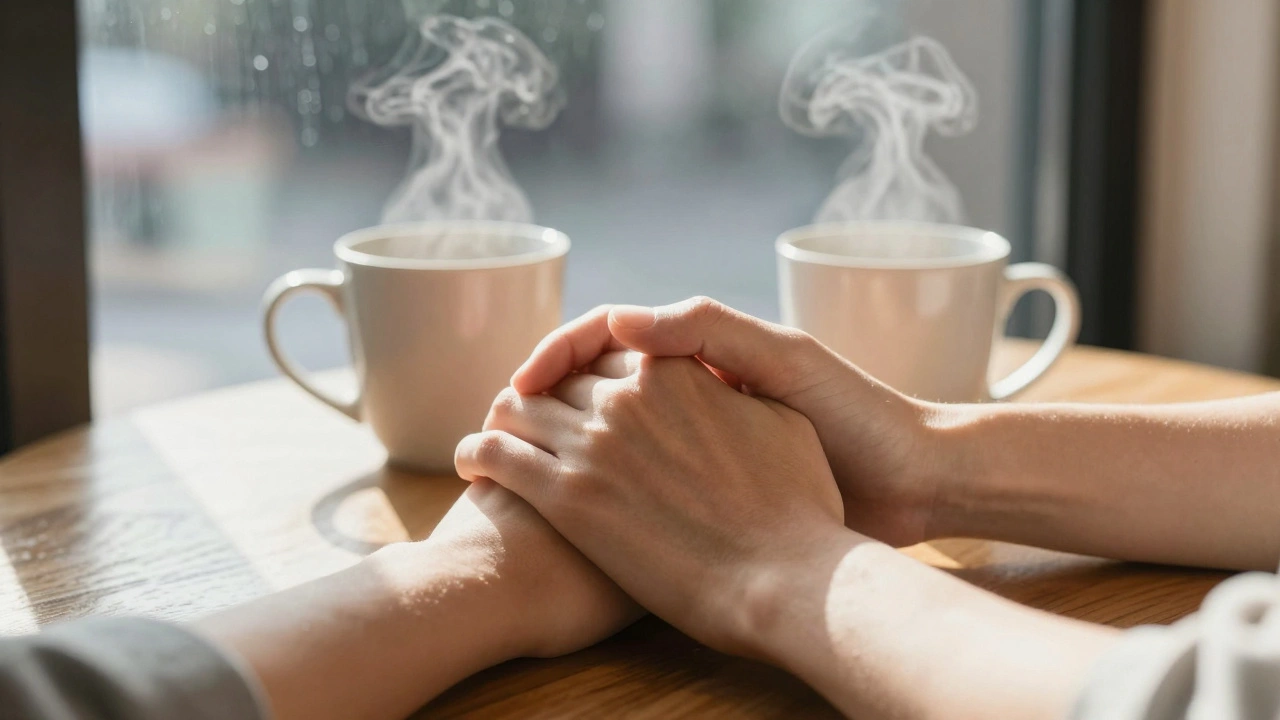 Interlocked hands on a café table, conveying vulnerability and presence in stillness.