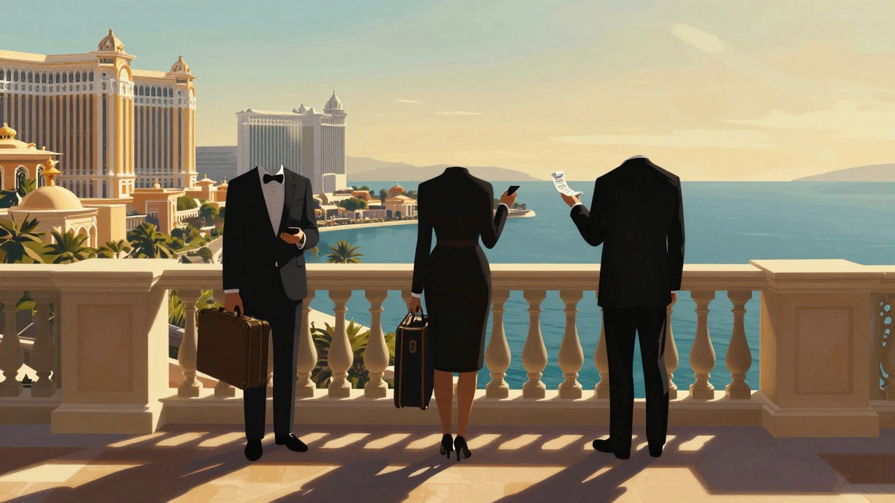 Three anonymous figures stand in isolation on a Monte Carlo balcony, each holding a mysterious object under golden hour light.