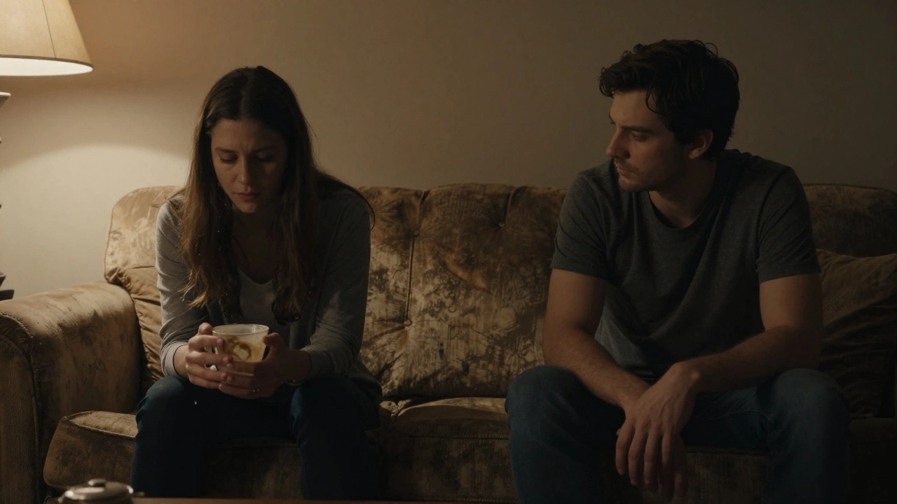 Two individuals sitting in silence on a sofa, sharing an emotional, unspoken moment.